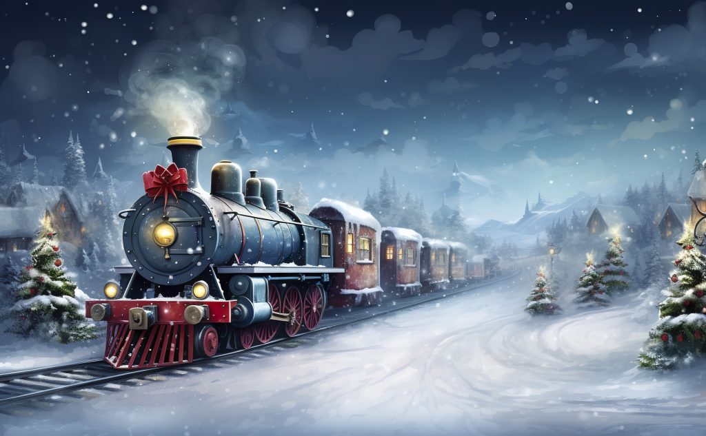 19th century train going throw a village in winter with a snow background.