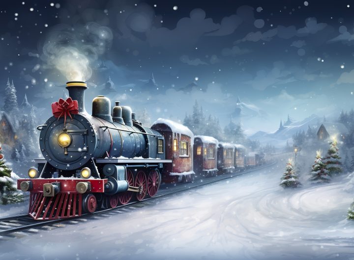 19th century train going throw a village in winter with a snow background.